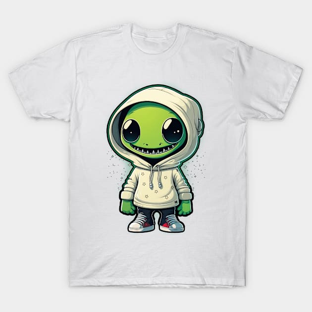 Cool Alien with a Hooded Pullover design #2 T-Shirt by Farbrausch Art